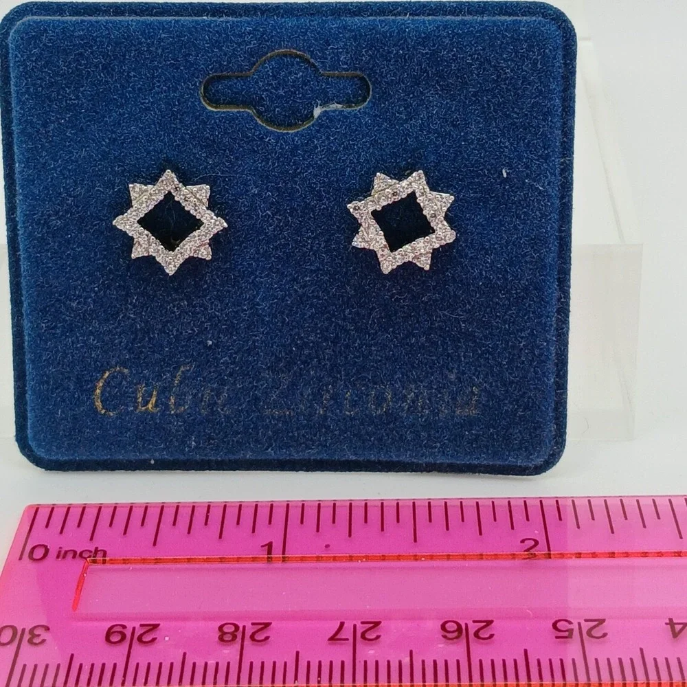 Vintage 1990s Cubic Zirconia Geometric Star Stud Earrings Silver Tone New‎
